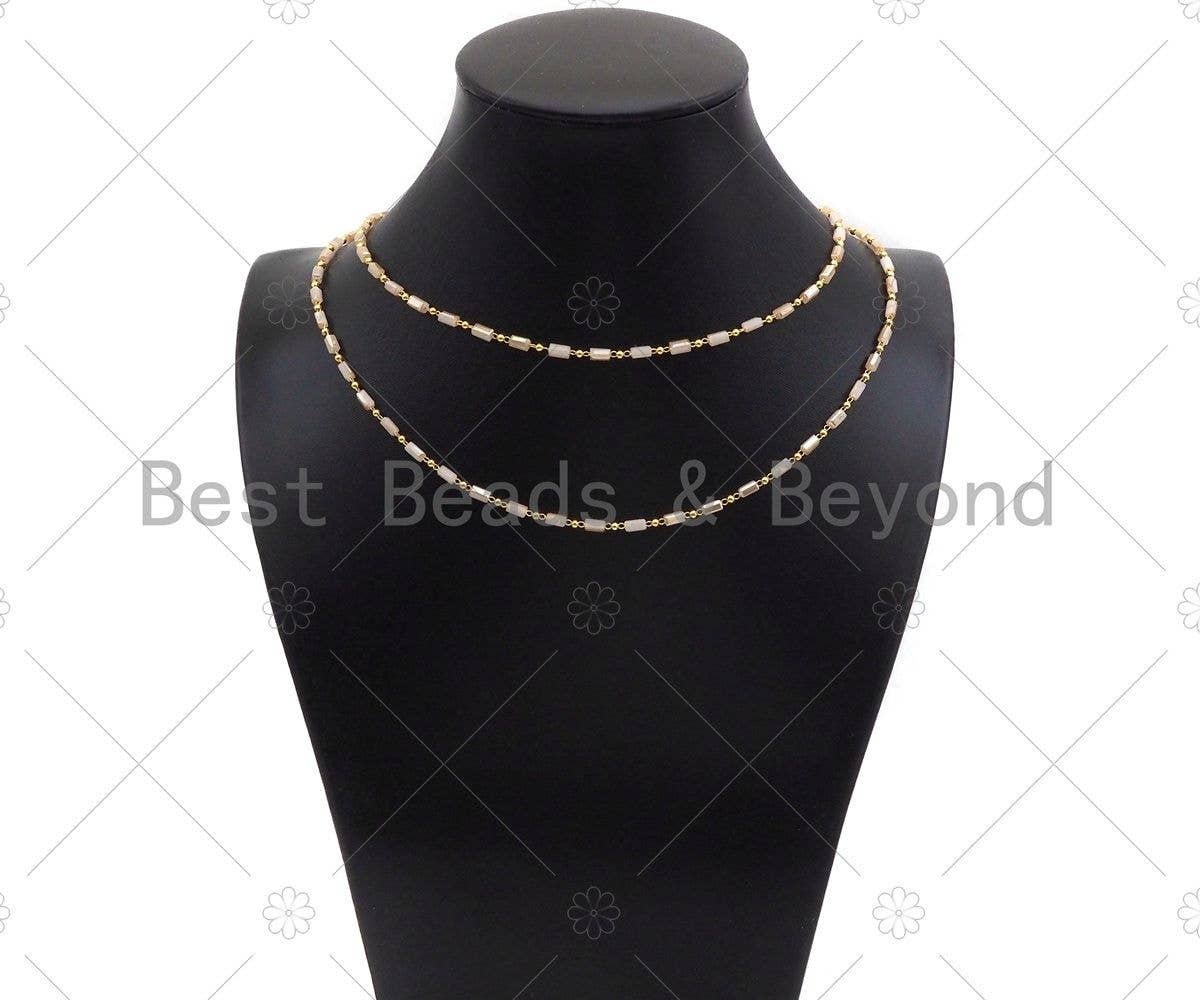 18" Beige Milky Cylinder Beads Gold Chain Necklace,EF02
