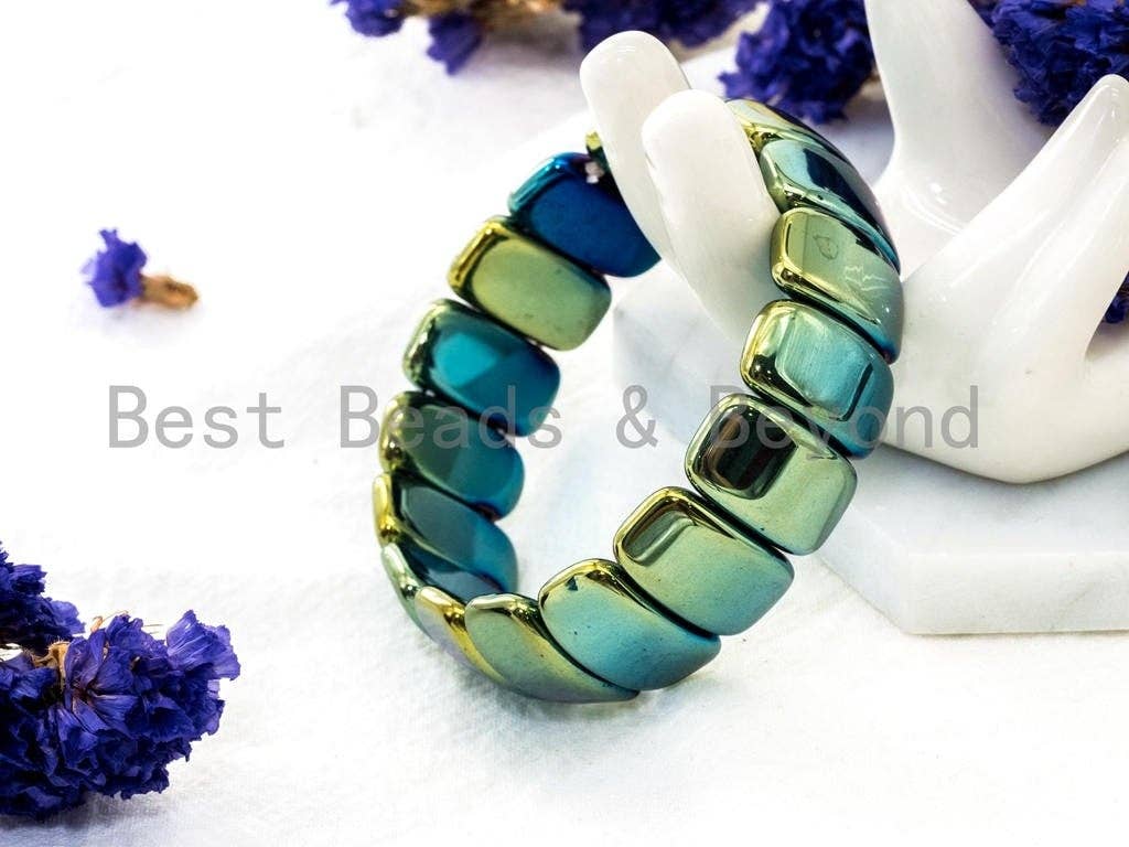 Green Blue Natural Hematite Stretch Bracelet, Titanium Plate