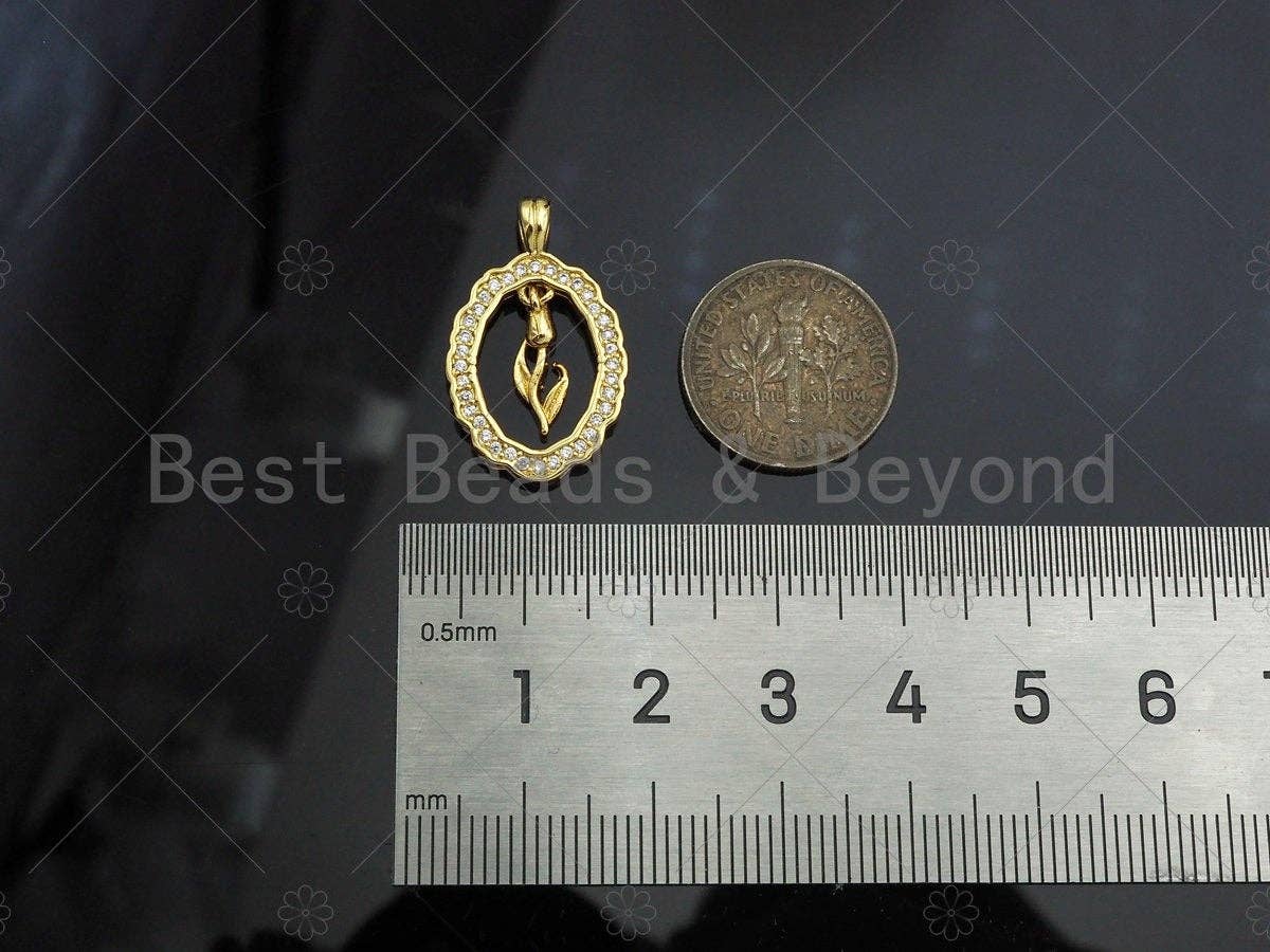 CZ Micro Pave Flower On Oval Shape Pendant/Charm,Cubic Zirconia Dangle Flower Charm, Necklace Bracelet Charm Pendant,15x24mm, Sku#LK270