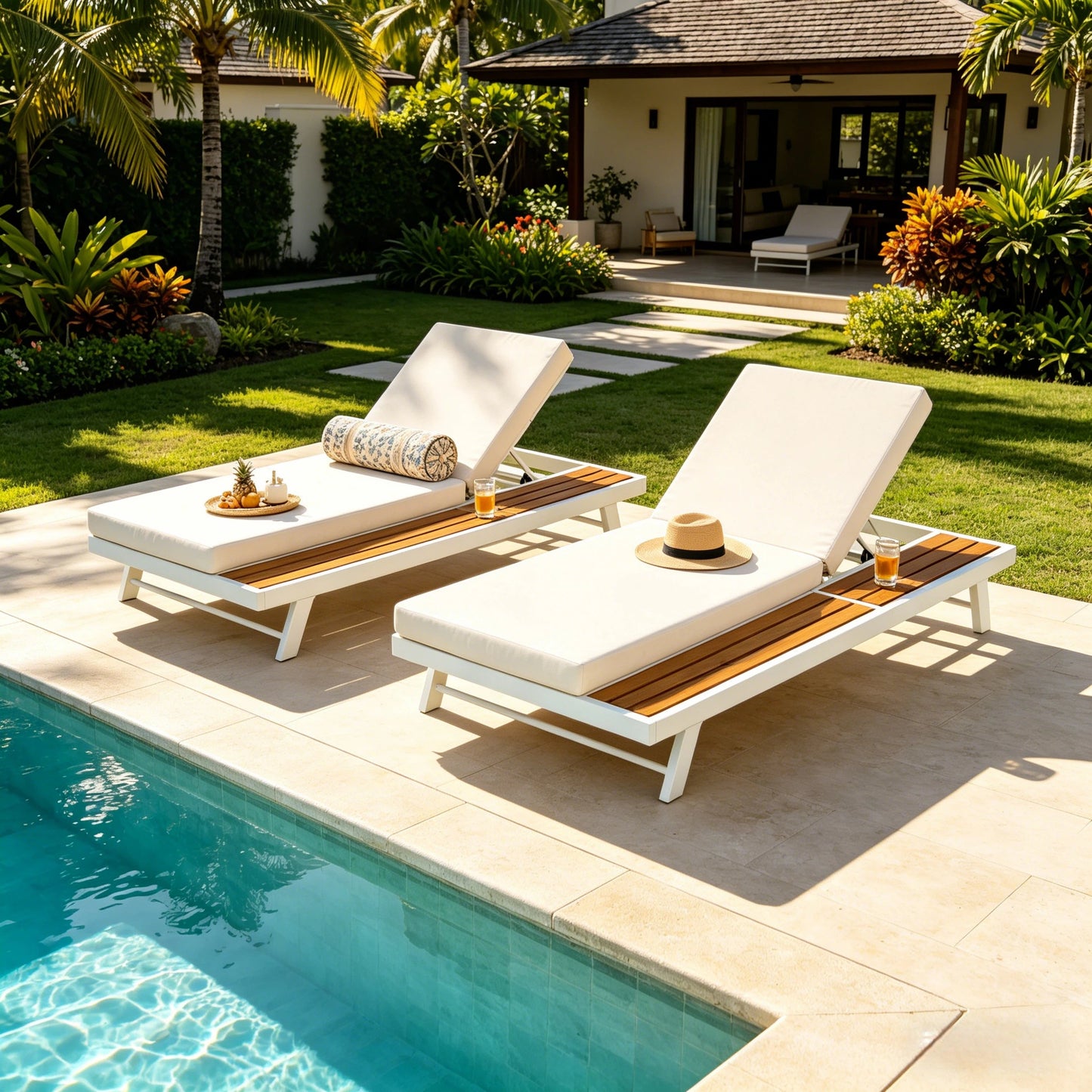 White Iron and Teak Finish Chaise Lounge Set