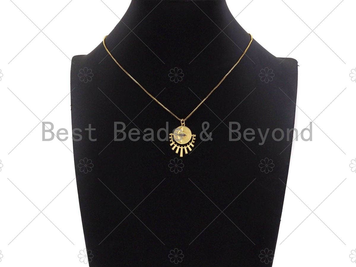 CZ Micro Pave Evil Eye Cresent Moon On Round Coin With Radial Pendant/Charm, Real Gold Plated Charm Pendant,22x27mm, Sku#L427