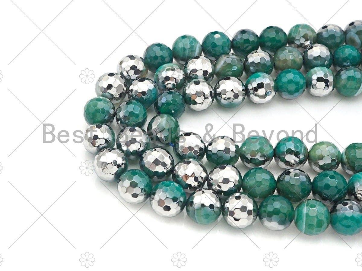 Natural Half Silver Plated Green Agate Beads, 8mm/10mm/12mm Round Faceted Blue Agate Beads, 15.5 Full Strand, sku# UA125