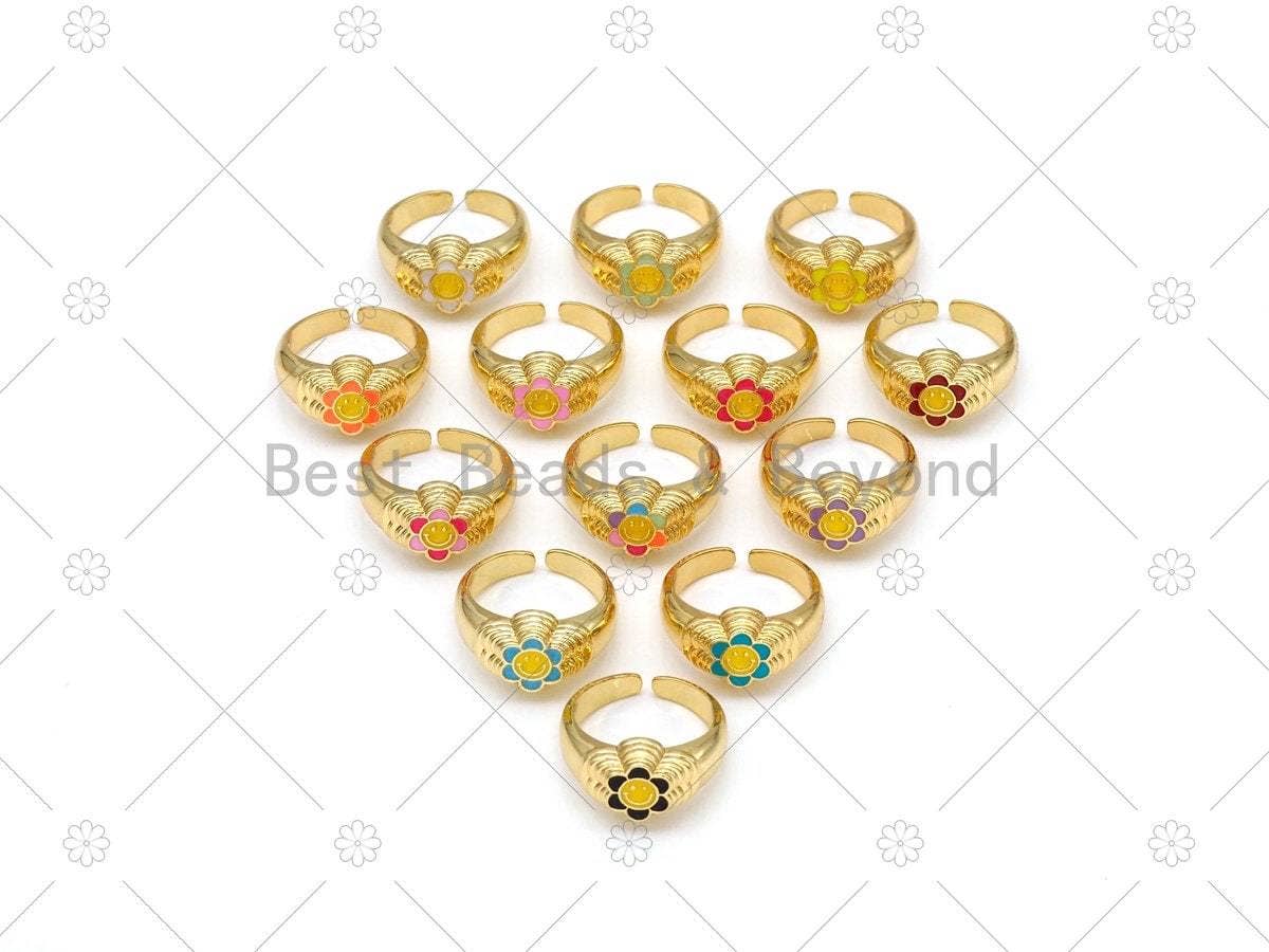 Enamel Smiley Face On Round Sunflower Open Ring, Sku#X281