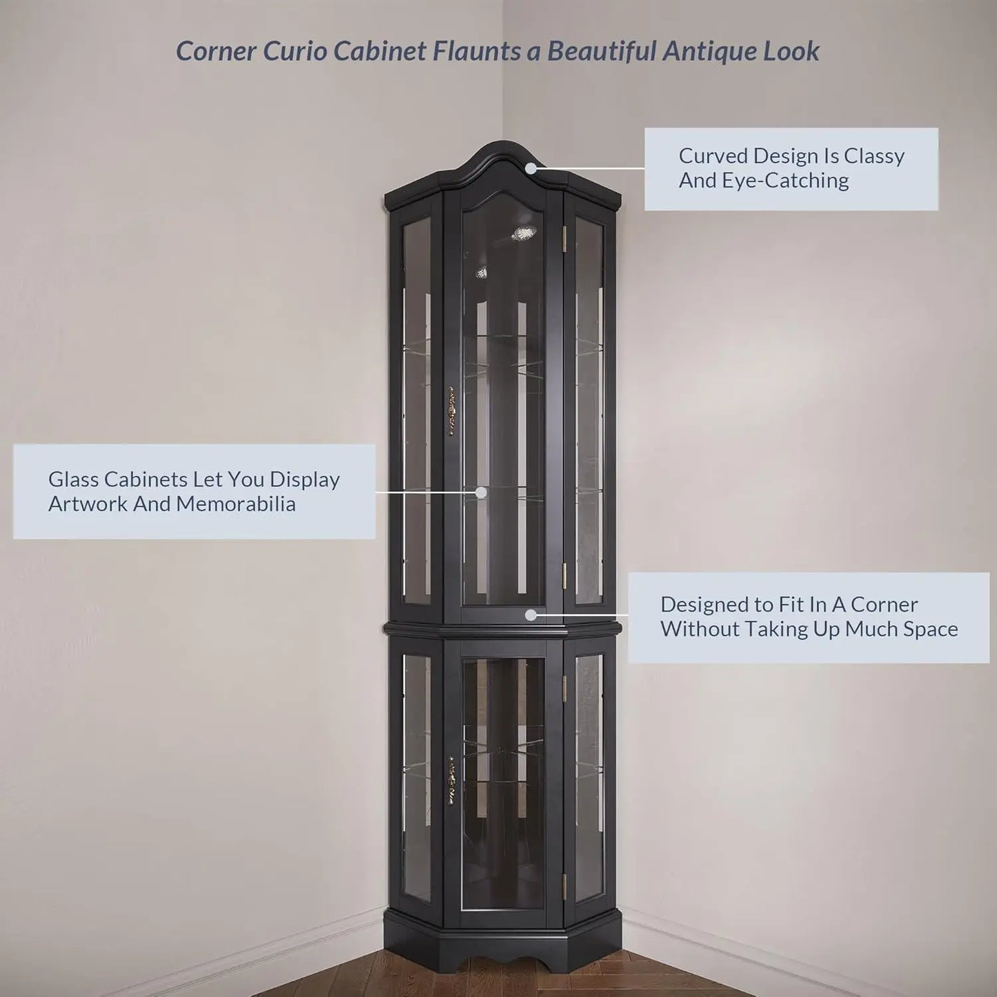 Lighted 3-Side Glass Display Curio Cabinet w/Tempered Glass Doors and Shelves, Curved Wood Corner Cabinet with Bulb, Corner S