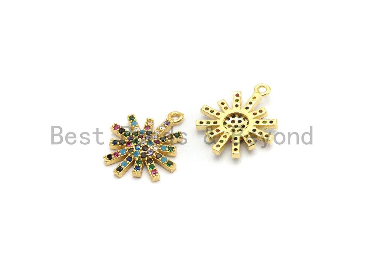 Multi-Color CZ Micro Pave Radial Flower Star Pendant, Flower Shaped Pave Pendant, Gold plated, 14x17mm, Sku#B106