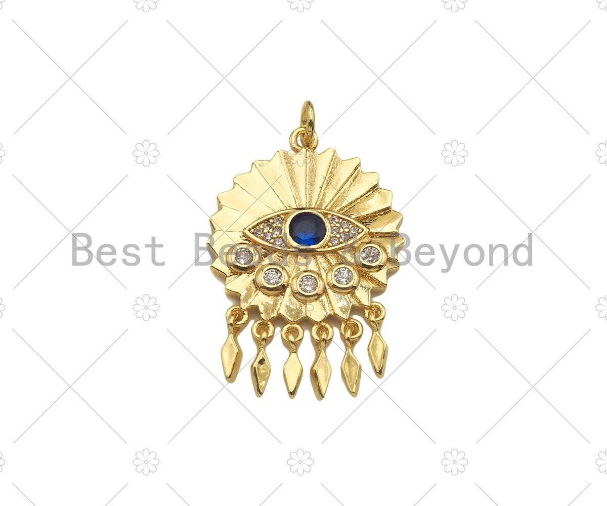 CZ Micro Pave Evil Eye with Dainty Triangle On Round Coin Shape Pendan,18K Gold Medallion Charm, Necklace Bracelet Charm, 30x20mm,Sku#L563