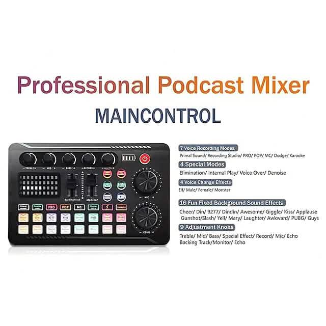 F998 Live Sound Card Audio Mixer Podcast Audio Interface with DJ Mixer Effects