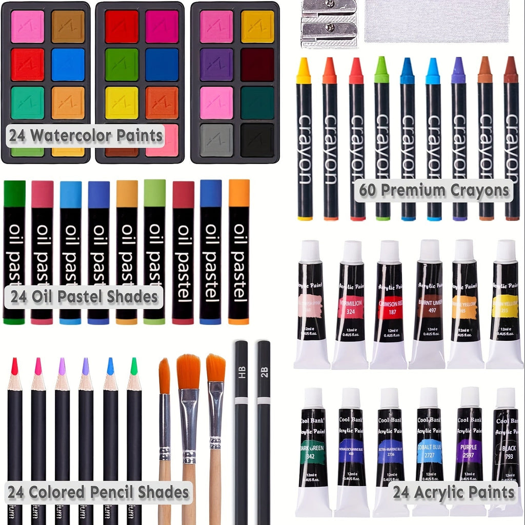 Coffret de luxe 175 pièces – Crayons, crayons de couleur et peintures acryliques dans une mallette en bois