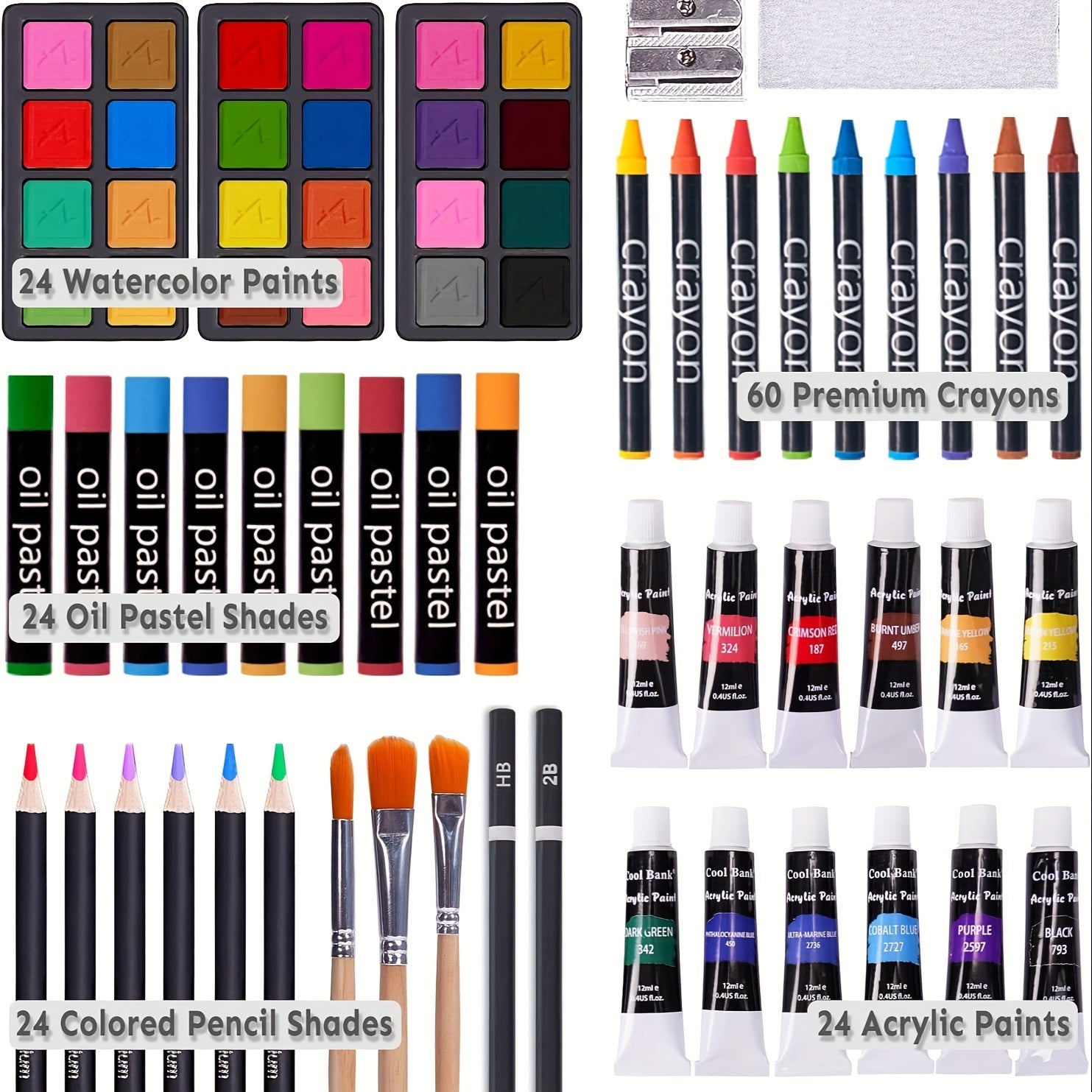 Coffret de luxe 175 pièces – Crayons, crayons de couleur et peintures acryliques dans une mallette en bois