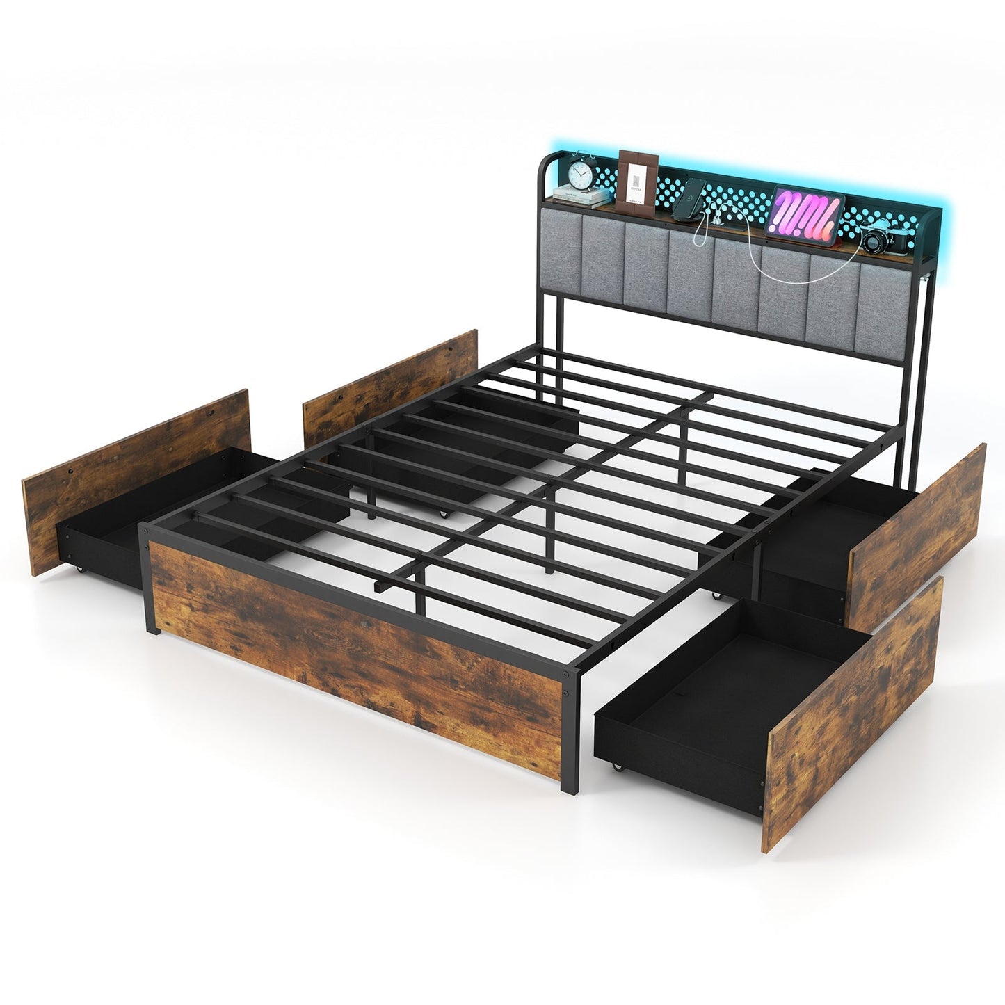 Twin/Full/Queen Bed Frame with LED Lights Upholstered Headboard and 4 Storage Drawers