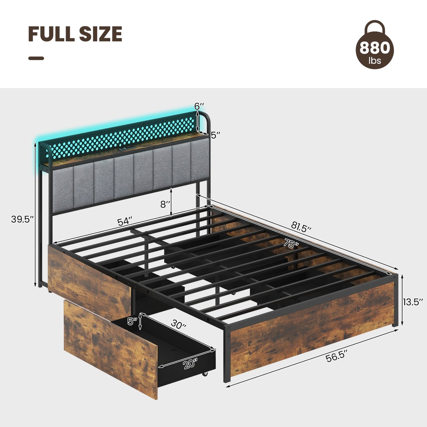 Twin/Full/Queen Bed Frame with LED Lights Upholstered Headboard and 4 Storage Drawers