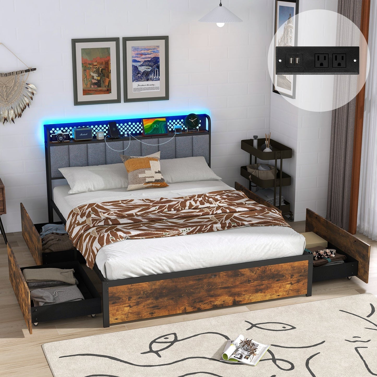 Twin/Full/Queen Bed Frame with LED Lights Upholstered Headboard and 4 Storage Drawers