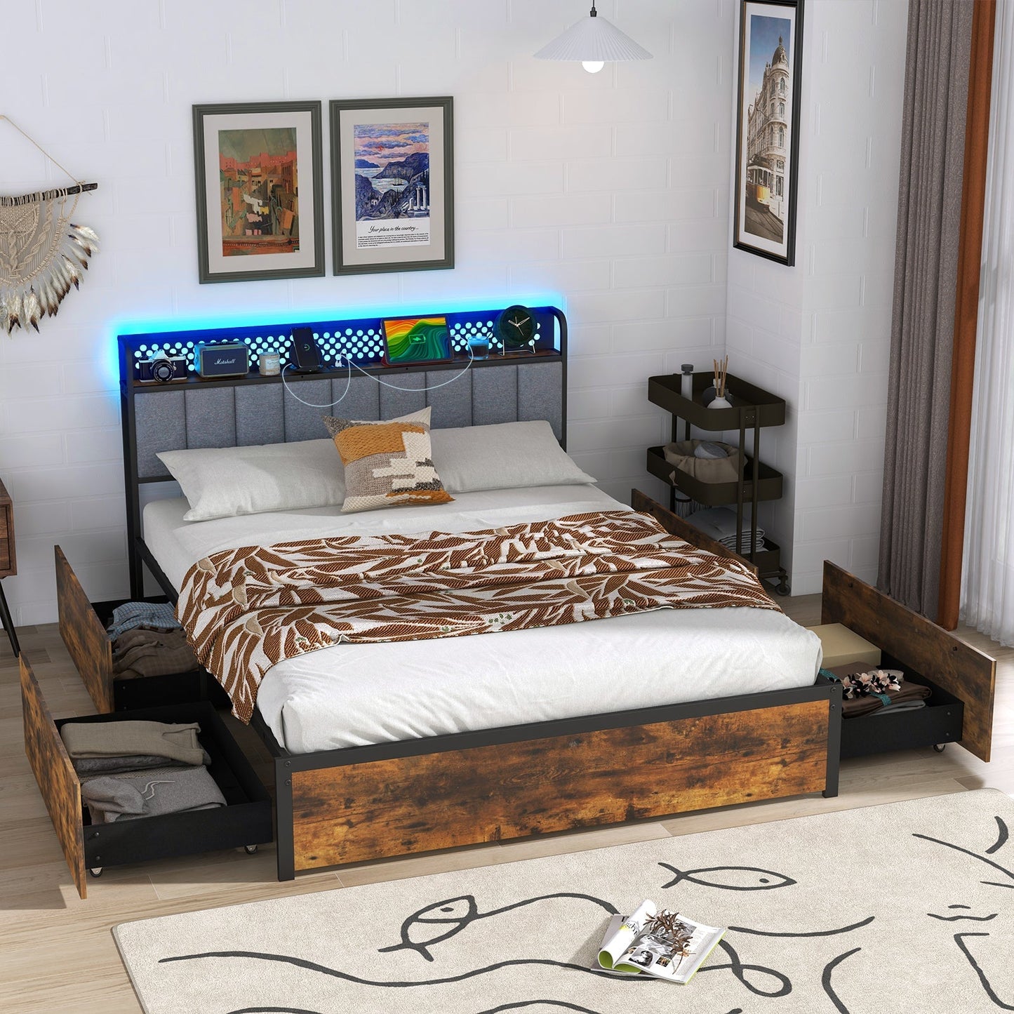 Twin/Full/Queen Bed Frame with LED Lights Upholstered Headboard and 4 Storage Drawers
