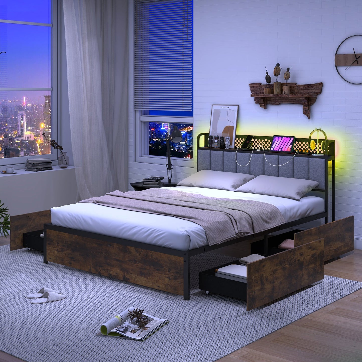 Twin/Full/Queen Bed Frame with LED Lights Upholstered Headboard and 4 Storage Drawers