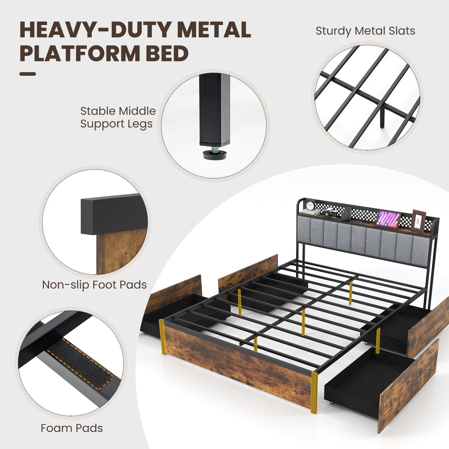 Twin/Full/Queen Bed Frame with LED Lights Upholstered Headboard and 4 Storage Drawers