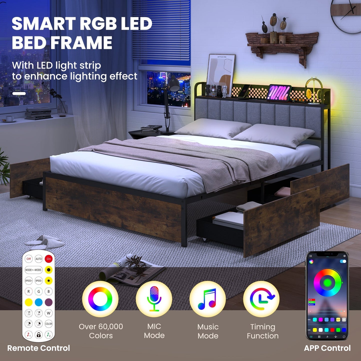 Twin/Full/Queen Bed Frame with LED Lights Upholstered Headboard and 4 Storage Drawers