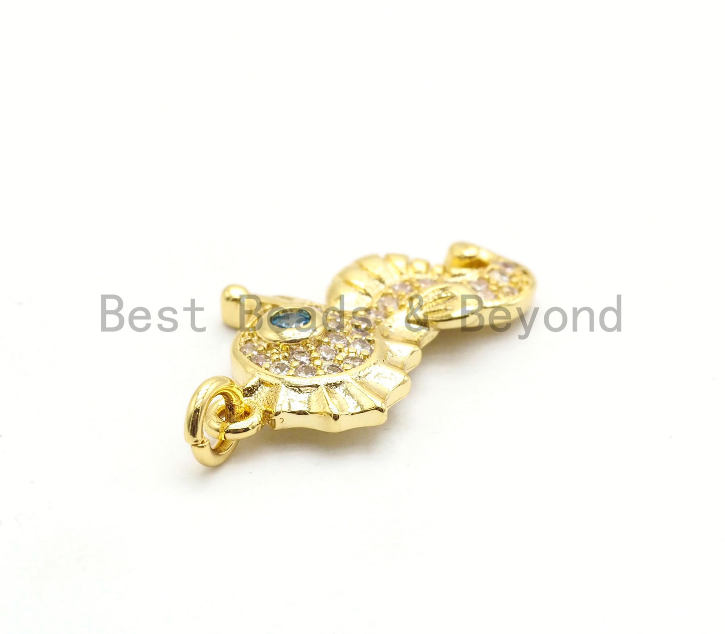 CZ Micro Pave Cute Sea Horse Charm with Blue Opal Eye, Cubic Zirconia Sea Creature Charm/Pendant, Gold/Silver, 12x19mm, SKU#Y150
