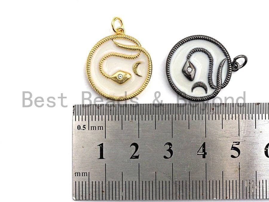 Enamel Round With Snake And Moon Pendant, Gold/Black/Silver,CZ Micro Pave Oil Drop pendant,Enamel Jewelry,20x22mm,sku#Z402