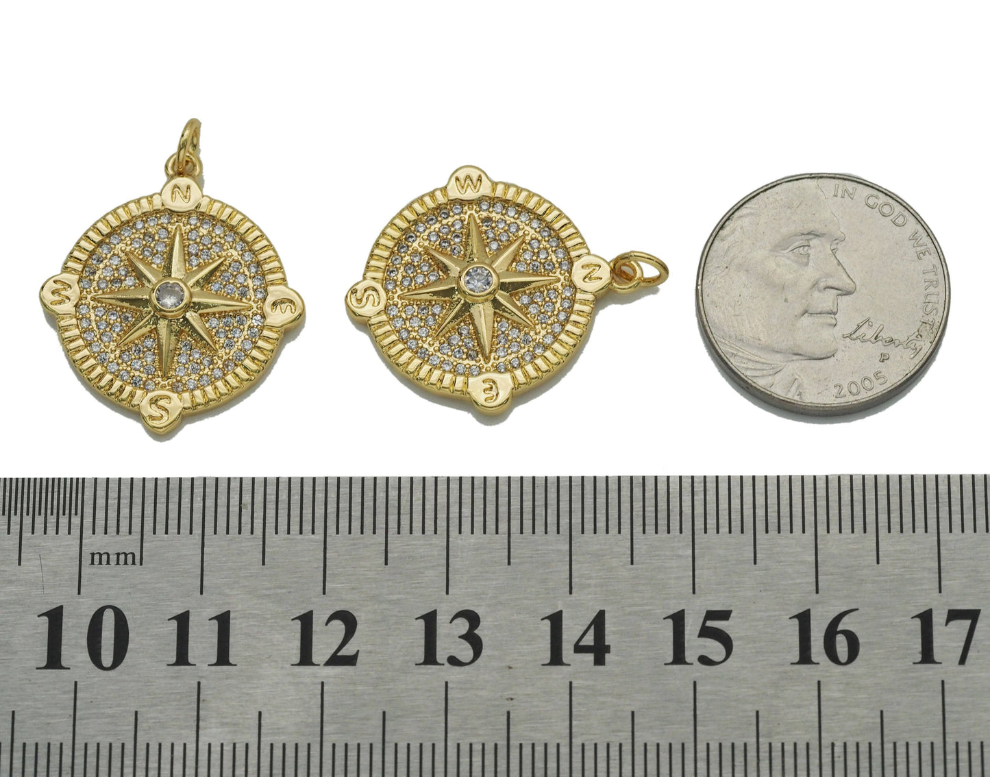 Gold CZ Pave North Star Medallion Coin Charm, Sku#LX116