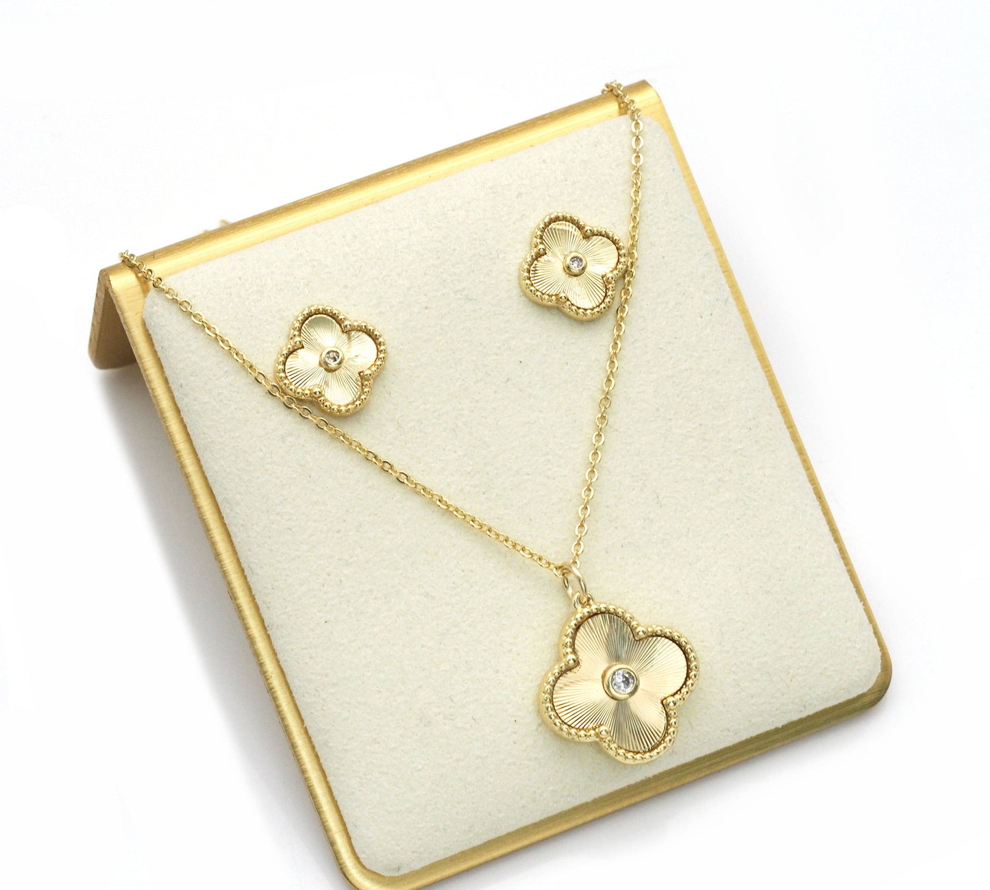 Gold Clover Stud Earrings and Necklace, Sku#FH206