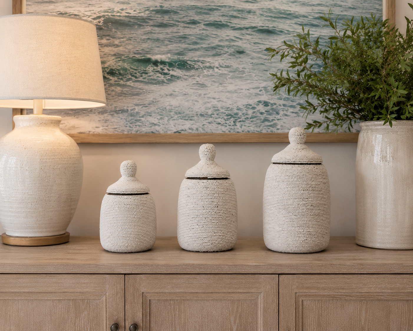 Beaded Wooden Jar Set/3 pcs