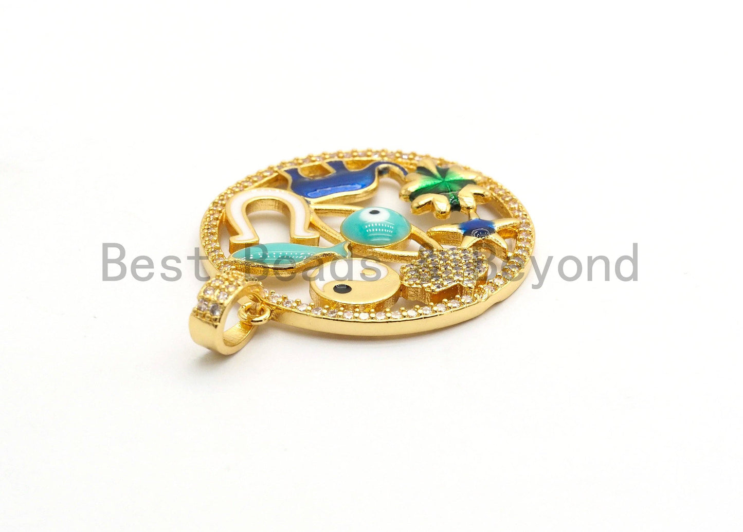 LARGE Enamel Round Artisan Pendant,Clear CZ Micro Pave Oil Drop Round Protection pendant,Enamel pendant,Enamel Jewelry,32x34mm,sku#F594