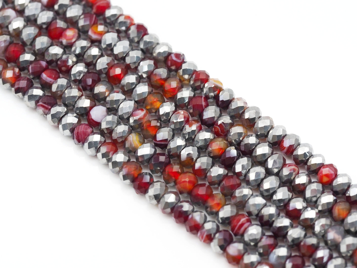 Half Silver Plated Natural Orange Red Banded Agate Rondelle Faceted Beads,Sku#UA271