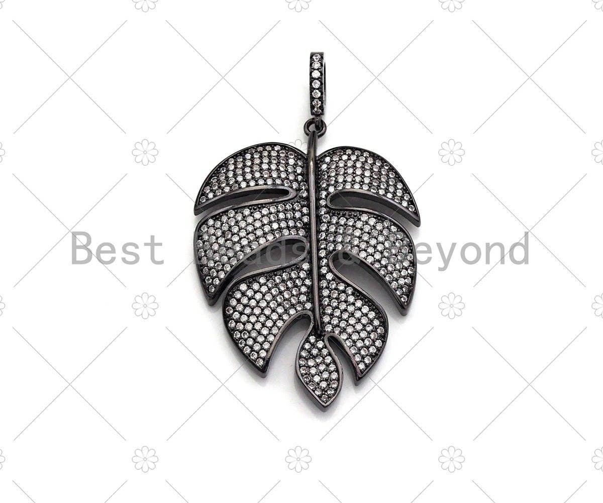 Large CZ Micro Pave Banana Leaf Shape Pendant,Leaf Cubic Zirconia Pendant, Silver/Gold /Rose Gold/Black Tone, 31x42mm,Sku#ML06