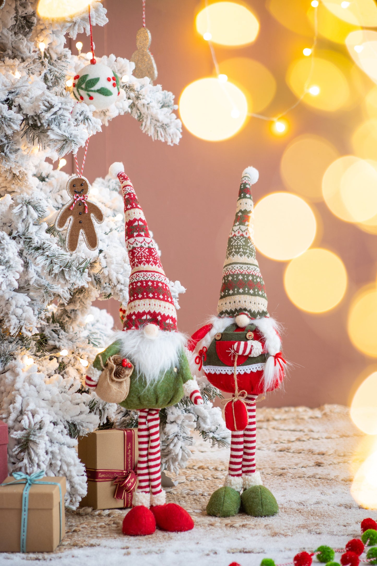 Set of 2 Fabric Standing Holiday Gnomes with Knit Hats