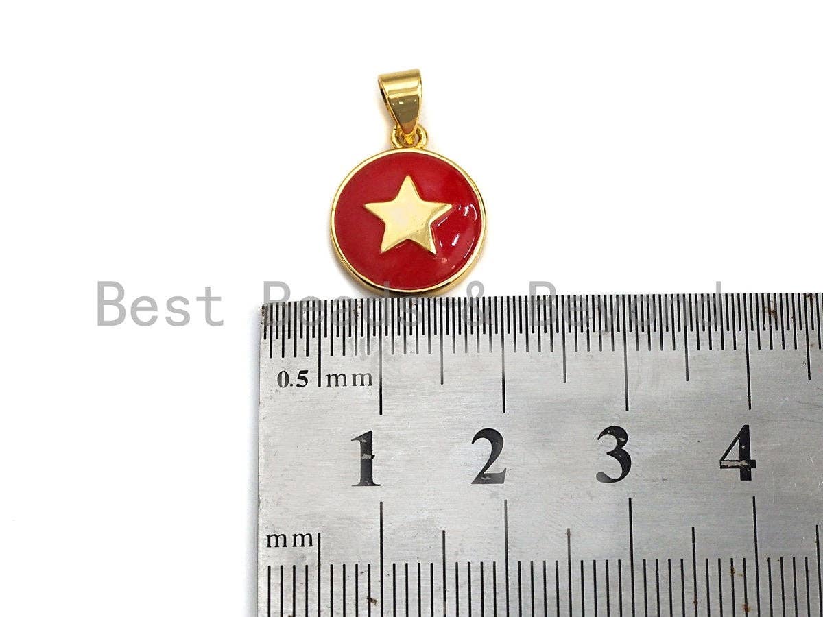 Gold Five Point Star On Colorful Enamel Round Coin Pendant, 18K Gold Filled Enamel Charm, Necklace Bracelet Pendant Charm,13x16mm,Sku#F1039