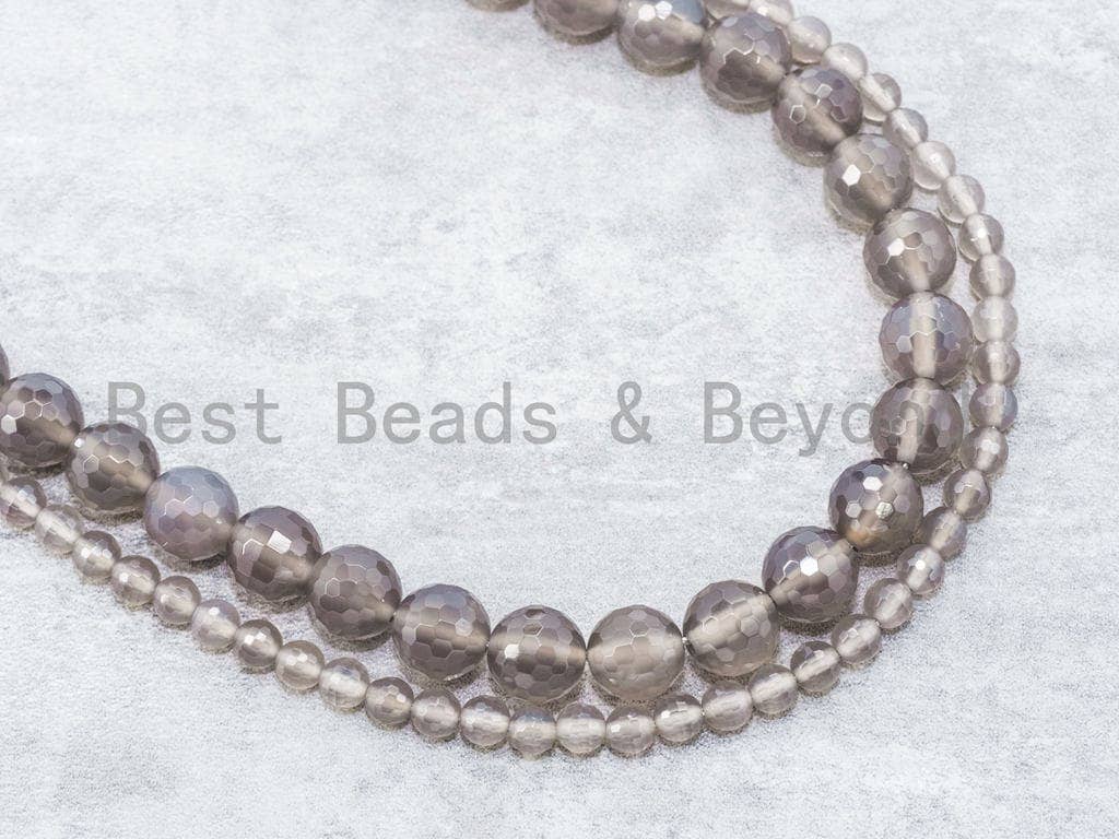 Quality Natural Gray Agate/ Smoky Agate Round Faceted Beads, 4mm/6mm/8mm/10mm/12mm Round Gray Smoky Gemstone Beads, 15.5" Strand, SKU#Q33