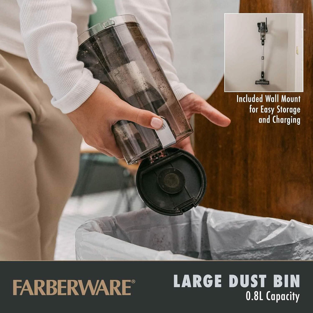 Farberware Cordless Pro Stick Vacuum Cleaner, Powerful Suction with 2 Speeds for Carpet and Hard Floors, Converts to Handheld Vacuum