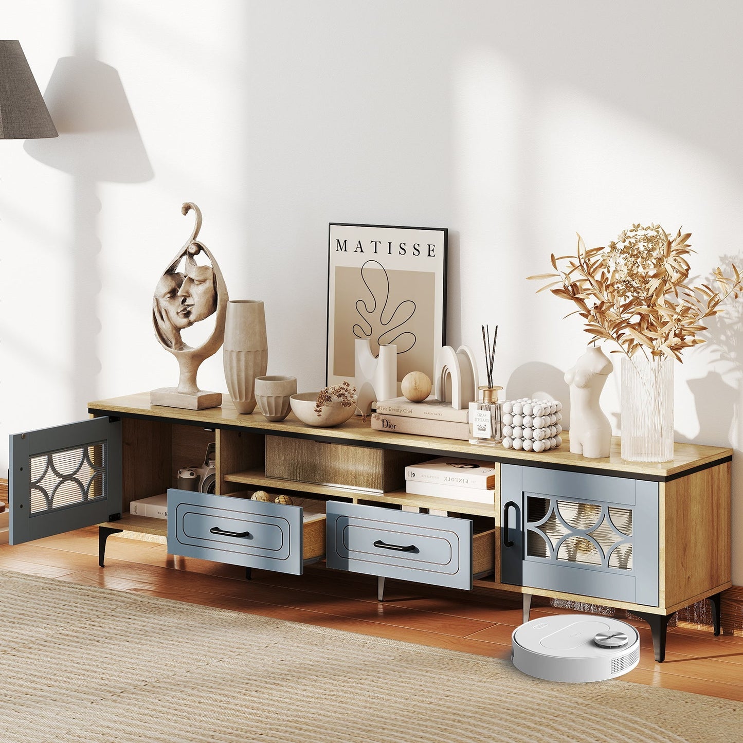 Farmhouse TV Stand for TVs up to 80 Inch with 2 Drawers