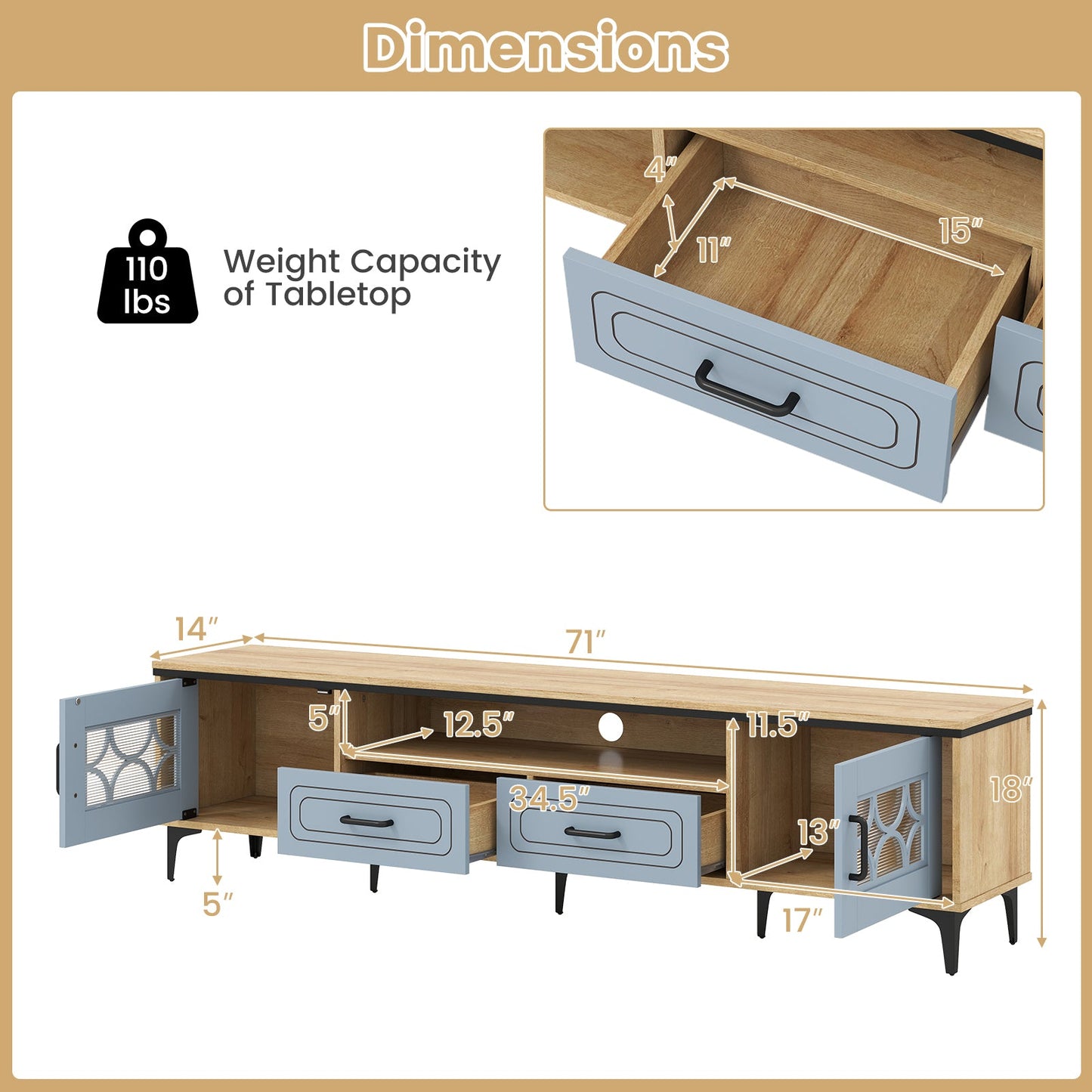 Farmhouse TV Stand for TVs up to 80 Inch with 2 Drawers