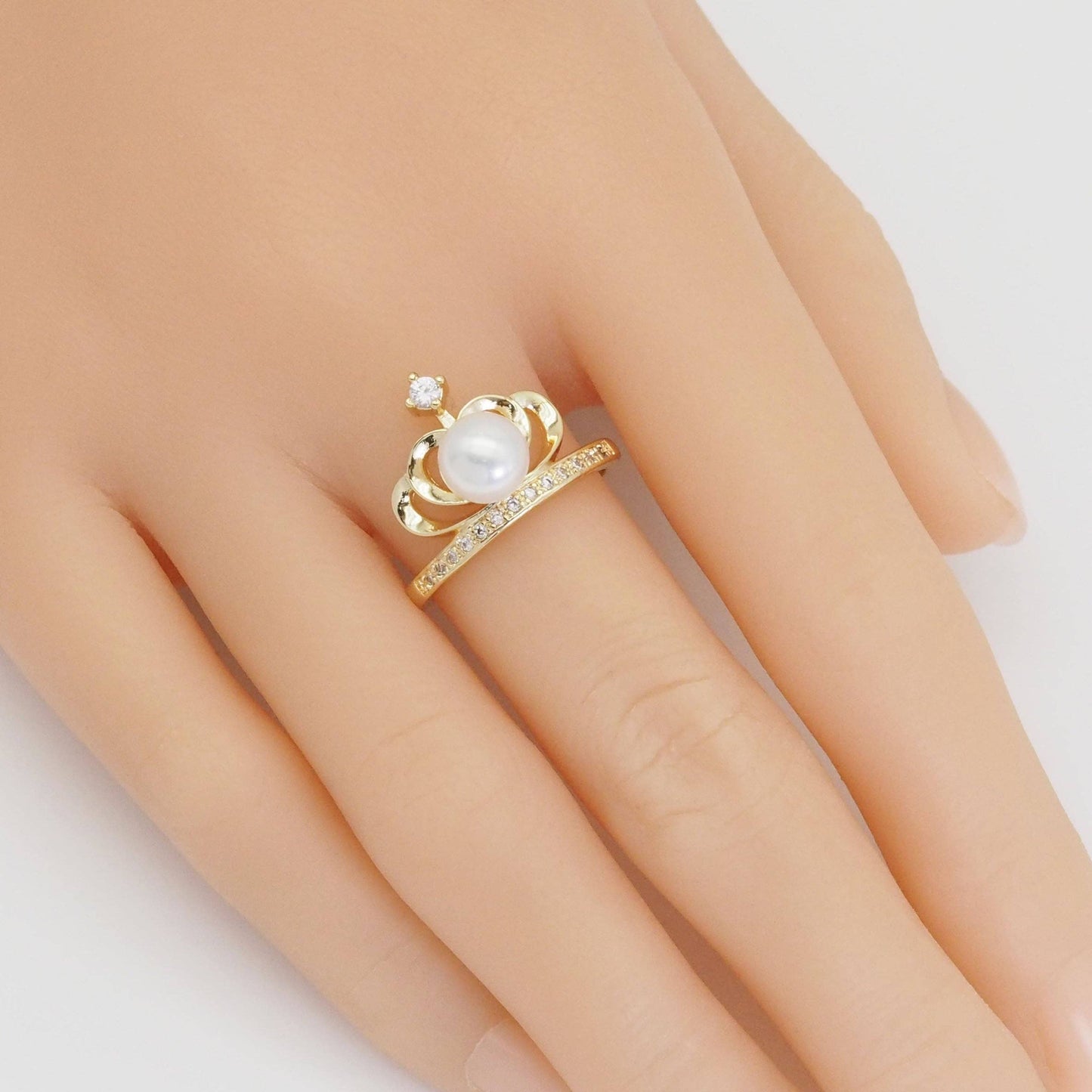 CZ Gold White Pearl Crown Adjustable Ring, Sku#ZX152