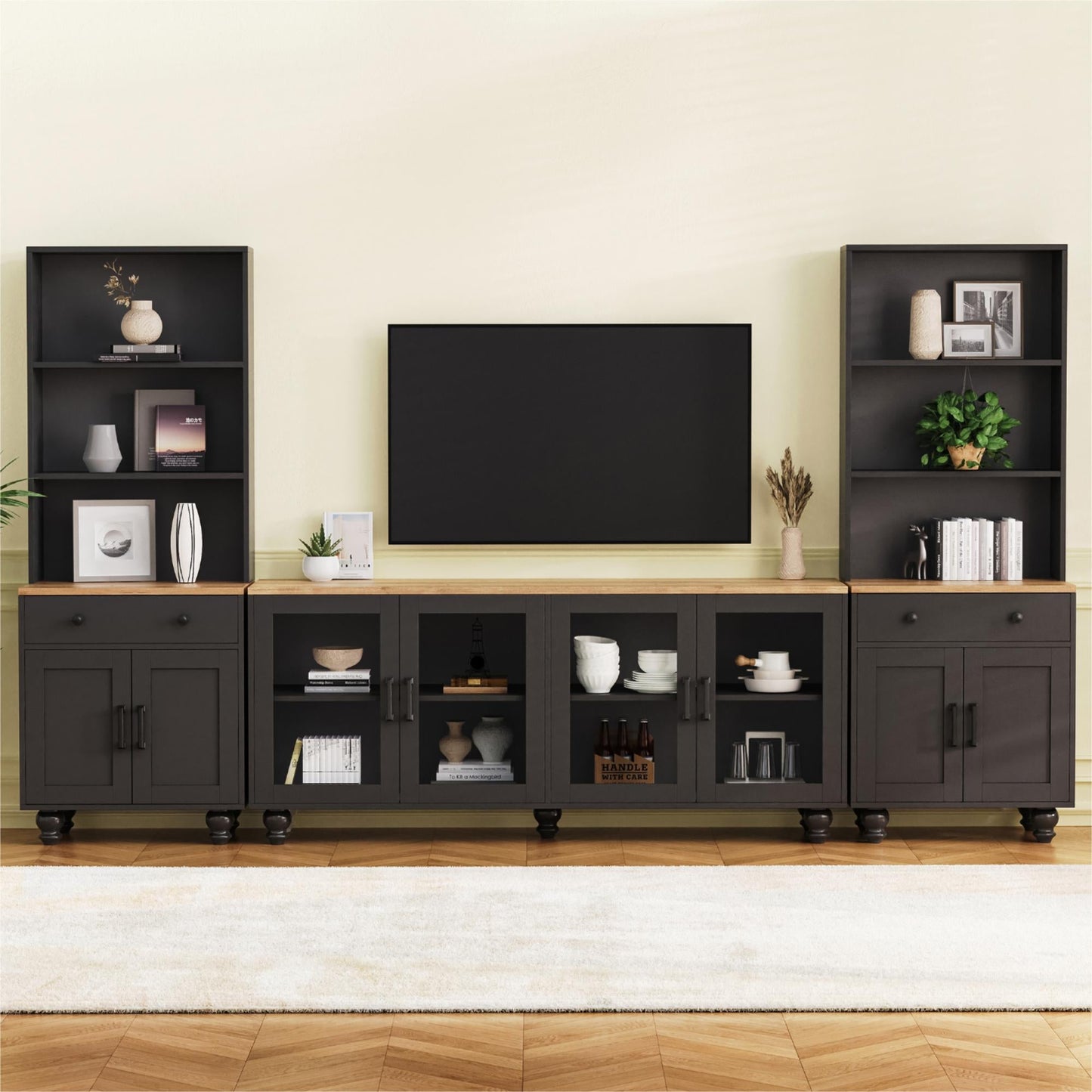 ON-Trend Farmhouse TV Stand with Solid Wood Gourd-Shaped Legs