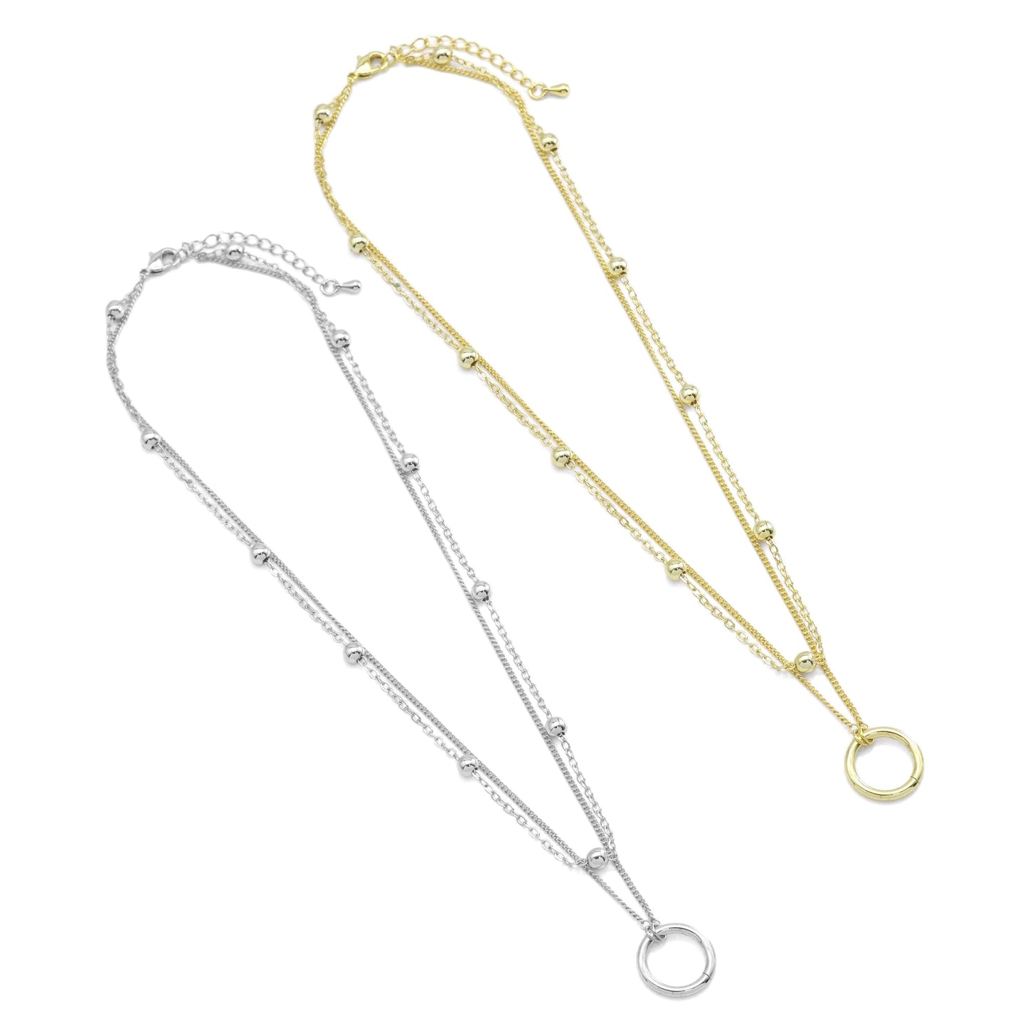 Gold Silver Satellite Chain Round Circle Pendant Layering Necklace, Sku#EF469