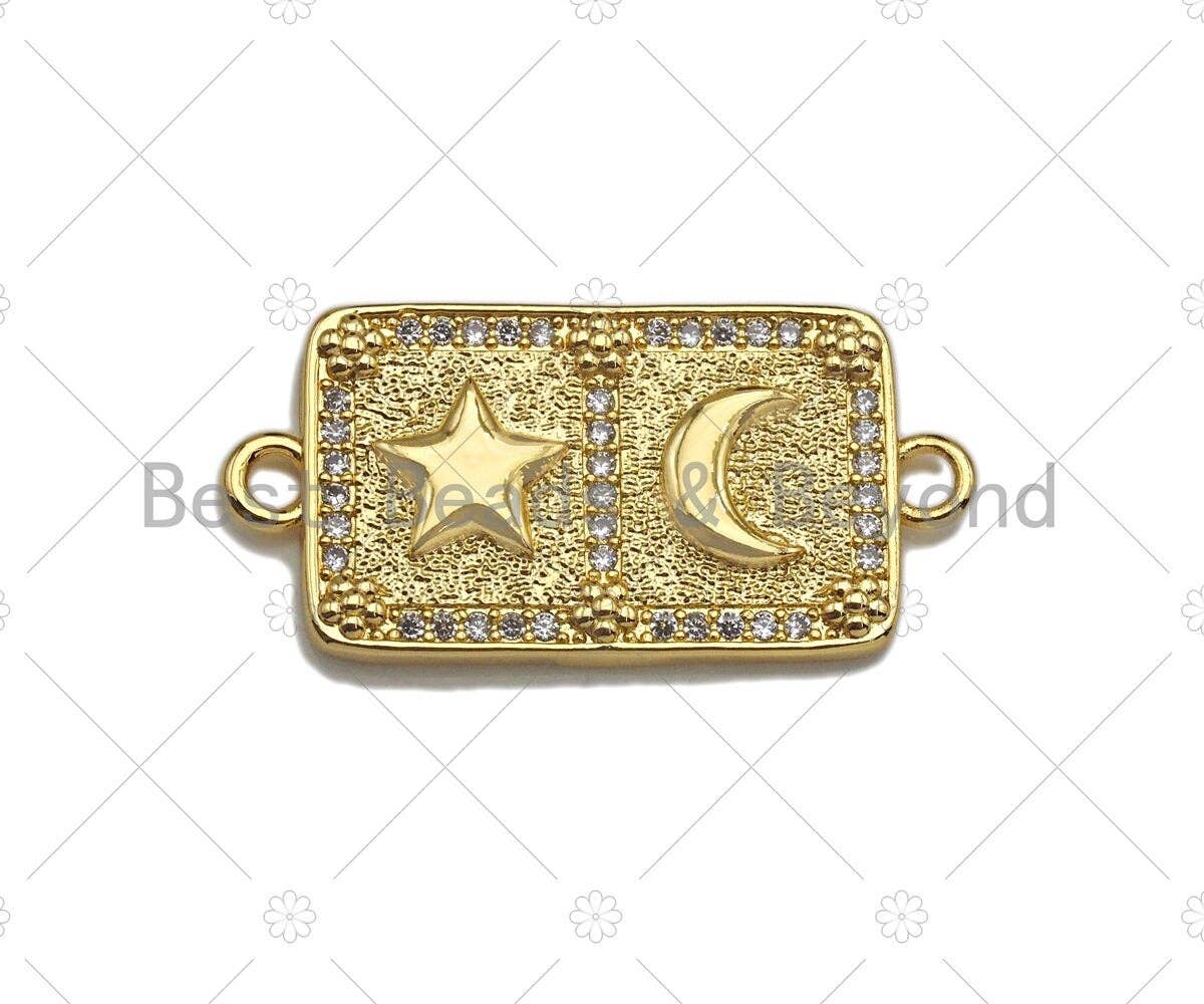 18k Gold Medallion Rectangle Charms, Gold Bar Connector,  Star Moon Hamsa Eye Boy Girl Medallion Charm,16x32mm, Sku#LK152