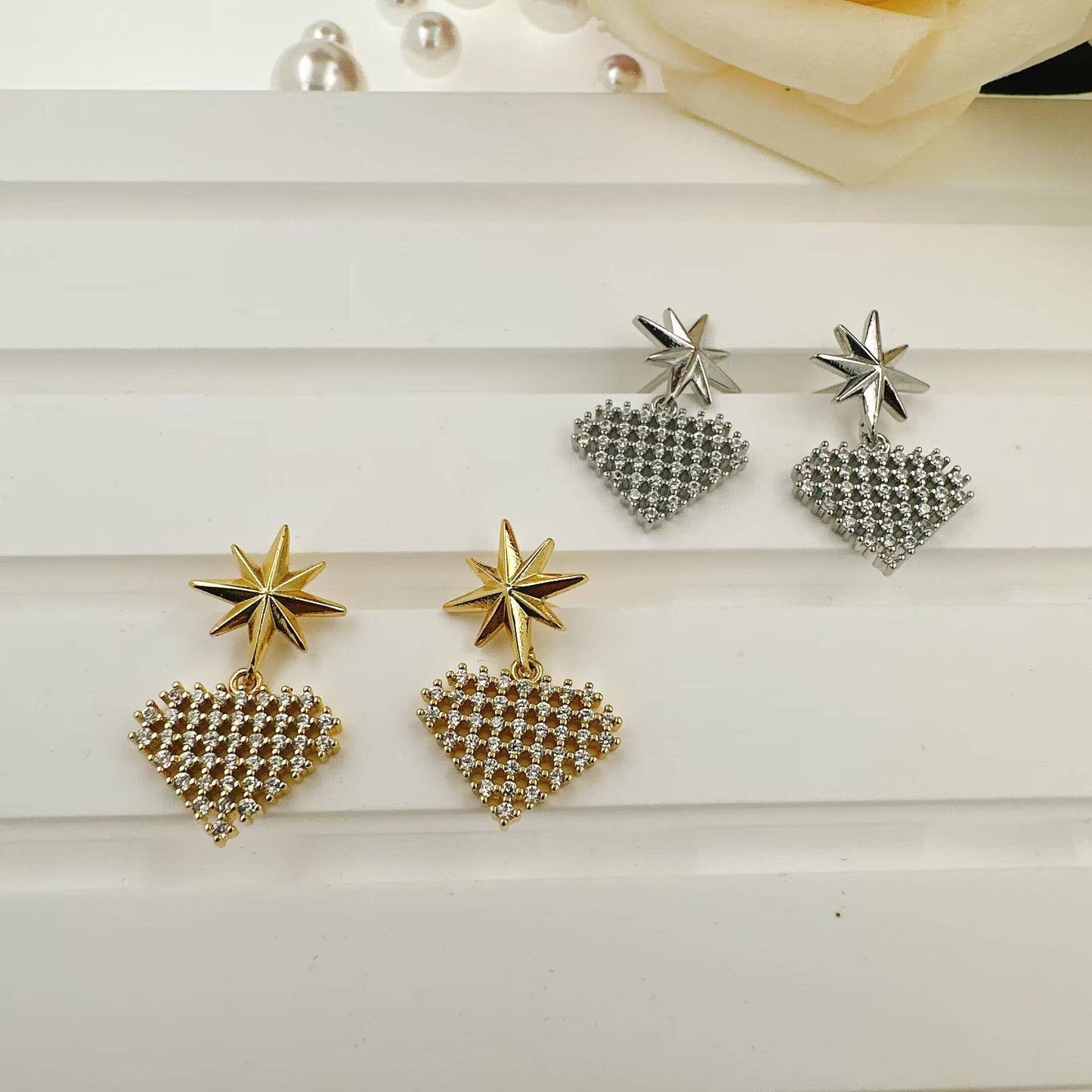 Gold Silver North Star Heart Earrings, Sku#A162