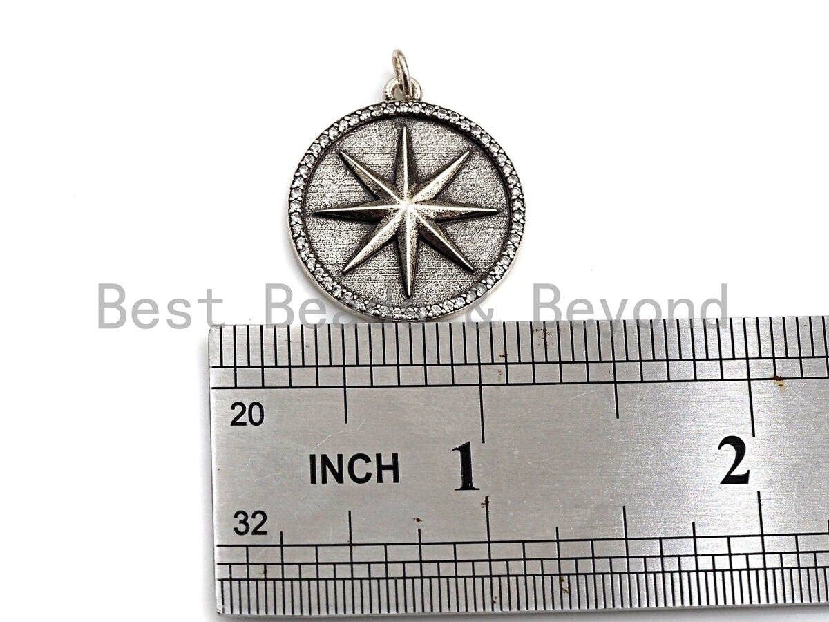 CZ Micro Pave Star on Round Disc Pendant, Antique Silver Tone, Cubic Zirconia Pave Coin Charm Pendant, 25x30mm,sku#F1020C