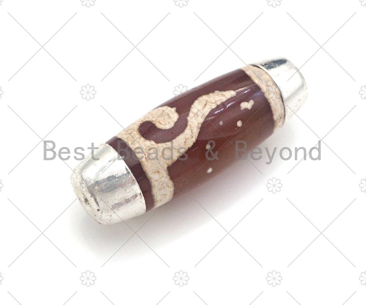 16x39mm Large Natural Tibetan Agate Barrel Shape Spacer Beads, Silver Wrap Finish, Oval Tibetan Agate Beads, sku#U962