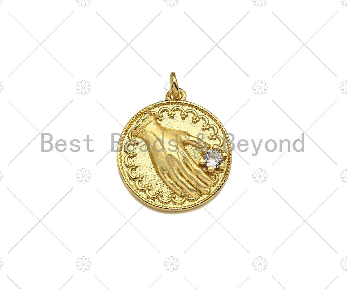 Gold Filled CZ Micro Pave Hand On Round Coin Shape Pendant, 18K Gold Filled Medallion Charm, Necklace Bracelet Charm, 20x18mm,Sku#Z1351