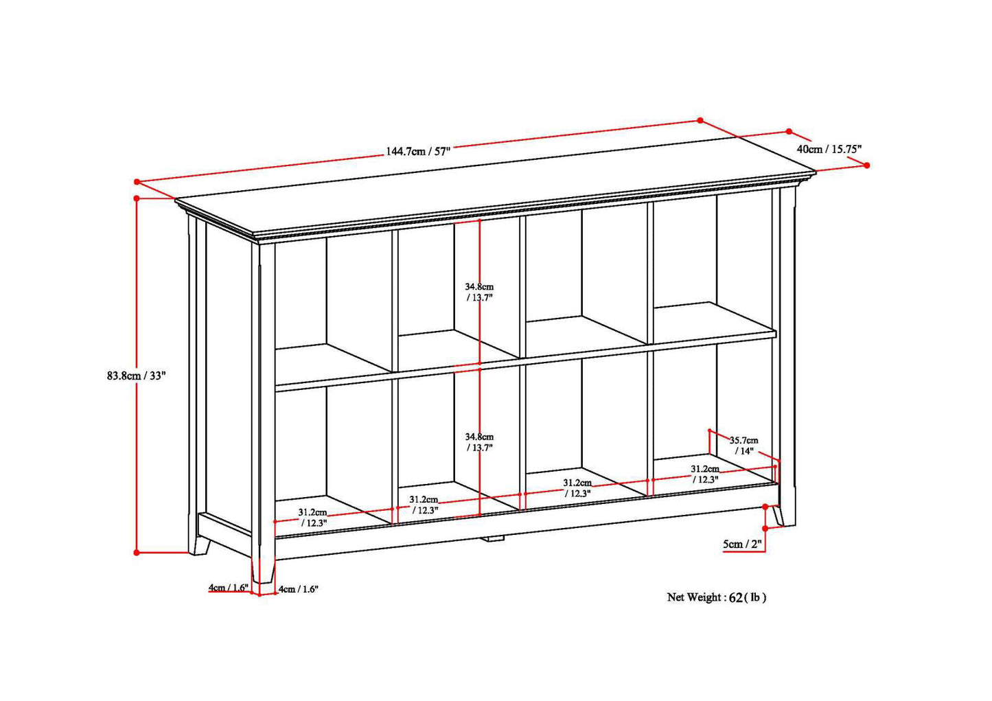Amherst 57 Inch Wide Solid Wood 8 Cube Storage Sofa Table