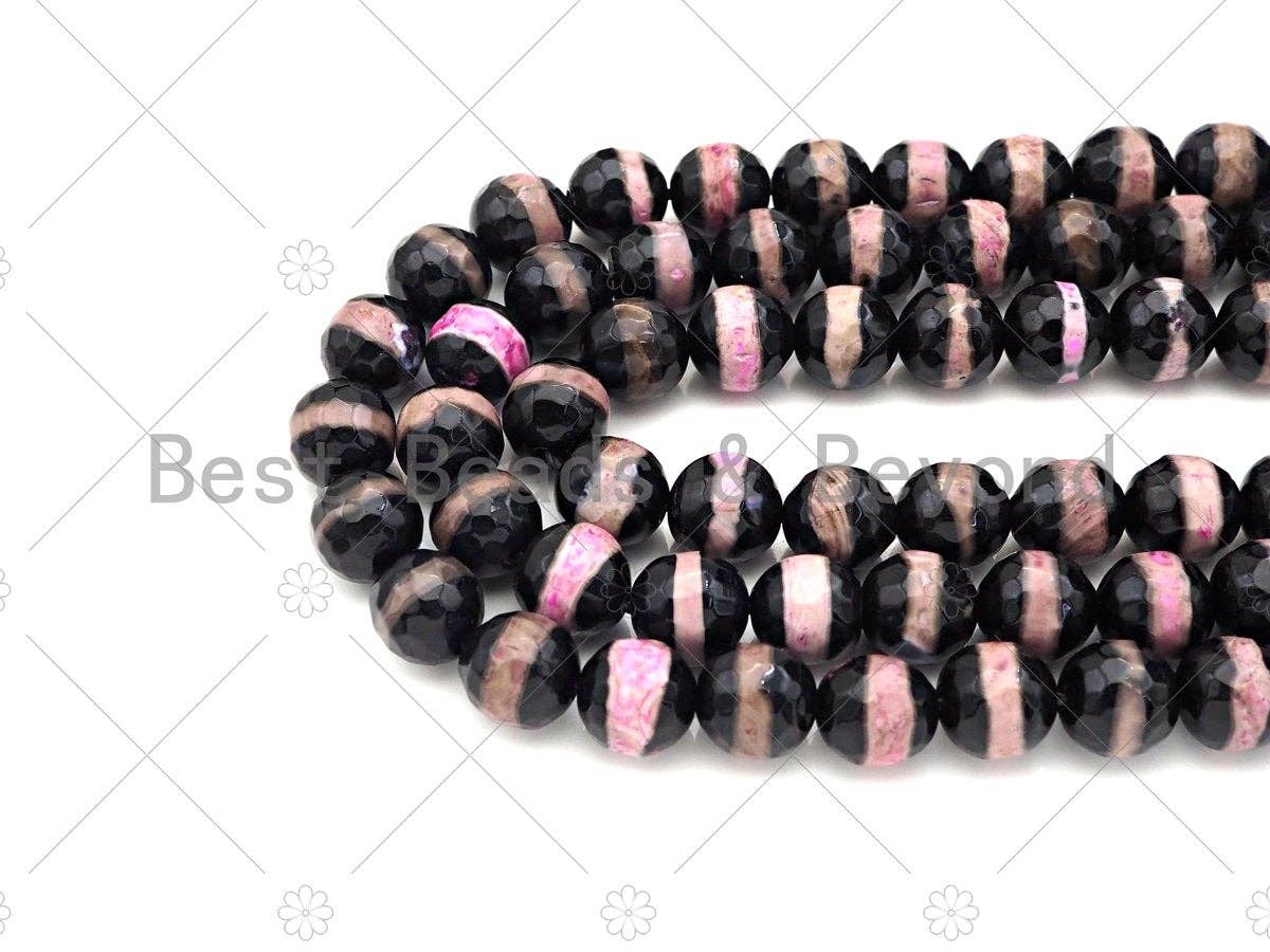 Dzi Agate Faceted Round Beads with Hot Pink Line, 6mm/8mm/10mm/12mm, Red Black Tibetan Beads, Agate Beads, 15.5'' Full Strand,Sku#U1072