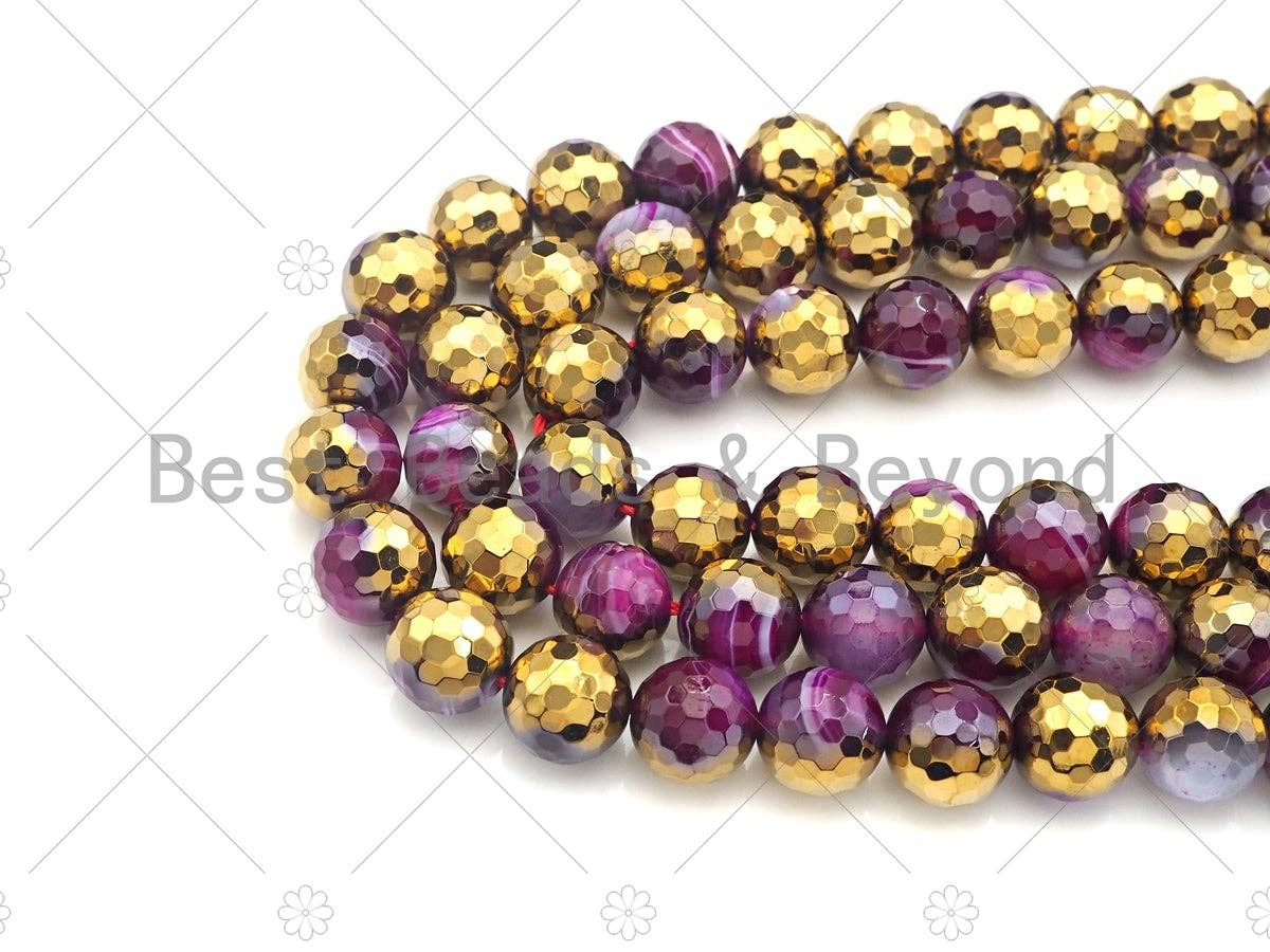 Half Gold Plated Pink Agate Beads, 8mm/10mm/12mm Round Faceted Gold Pink Agate Beads, 15.5 Full Strand, sku# UA132