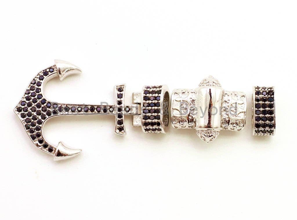 CZ Black Micro Pave Anchor Clasp Buckle for 3mm Leather Cord Bracelet, Anchor Lock, Men's Jewelry Charms,34x22mm, sku#F47