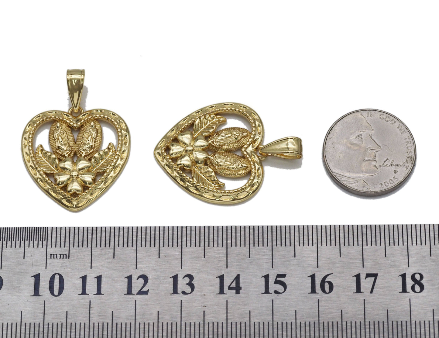 Gold CZ Virgin Mary Baby Jesus Flower Heart Charm, Sku#LK708