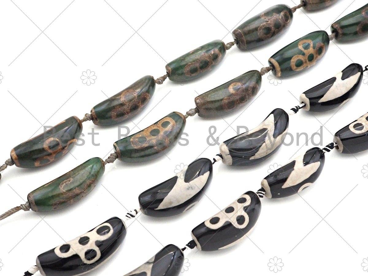 Natural Green Black Agate Curve Spacer Beads, Flower Lightning Style Agate Pendant Beads, Tibetan Dzi Beads, 43x16mm, Sku#U1129