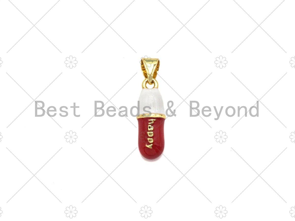 Enamel Colorful Pill Shape Pendant Charm,Happy Word Pink Turquoise Black Cobalt Red Enamel Jewelry,6x17mm,Sku#LK286