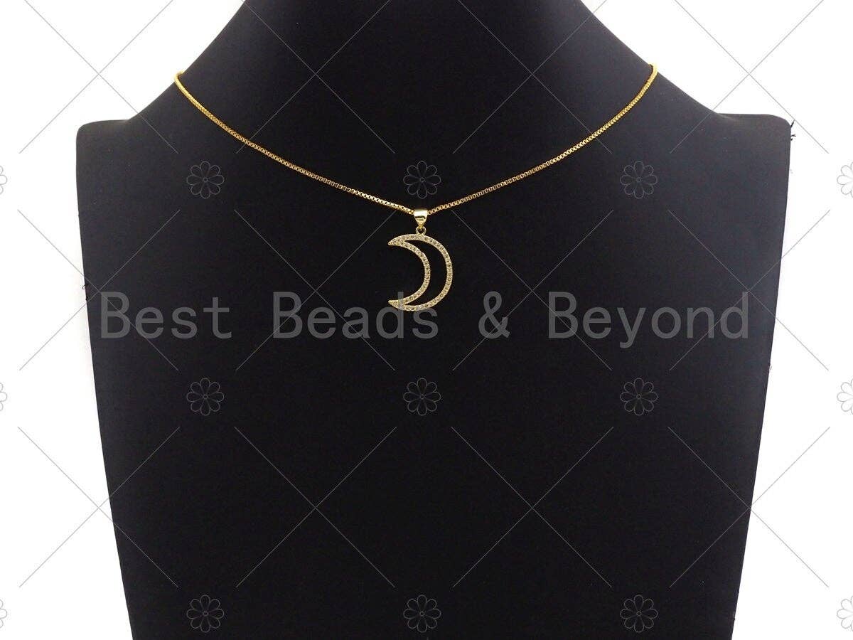 CZ Micro Pave Gold Moon Pendant, 18K Gold Filled Moon Charm, Necklace Bracelet Charm Pendant,17x23mm, Sku#LK83